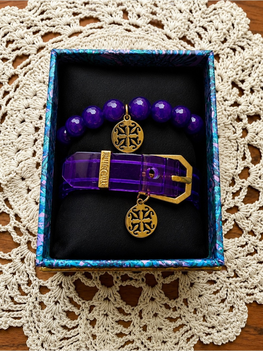 Rustic Cuff Purple Acrylic Link and Faceted Bead Bracelet Set with Gold Accents